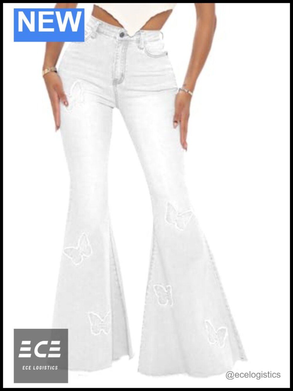 Butterfly Embroidered High Waisted Flare Bell Bottom Jeans Raw Hem Denim